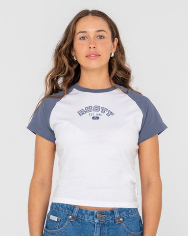 Woman wearing College Drop Out Raglan Skimmer Tee in White