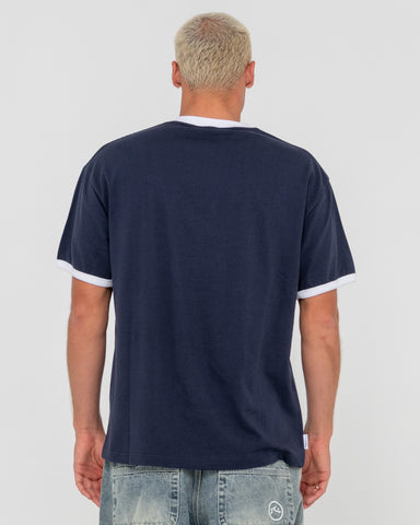 Man wearing Dead Ringer Short Sleeve Tee in Blue