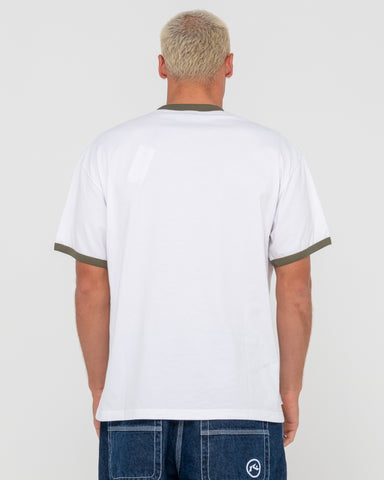 Man wearing Dead Ringer Short Sleeve Tee in White