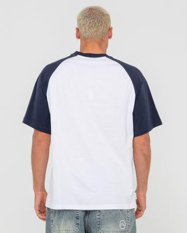 Man wearing Swaglan Raglan Short Sleeve Tee in White