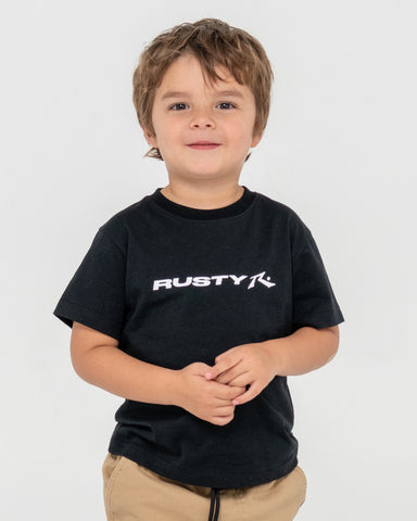 Boy wearing Vital Rusty Short Sleeve Tee Runts in Black