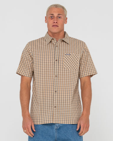 Man wearing Datsun 45 Short Sleeve Shirt in Brown