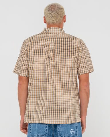 Man wearing Datsun 45 Short Sleeve Shirt in Brown