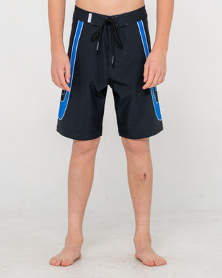 Boy wearing Charger Fixed Waist Boardshort Boys in Black