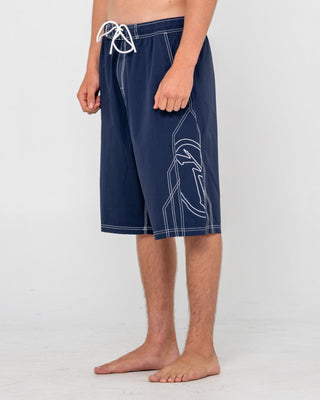 Man wearing Tombstones Hybrid Waist Boardshort in Navy Blue