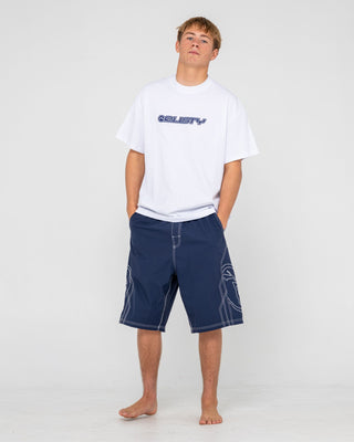 Man wearing Tombstones Hybrid Waist Boardshort in Navy Blue