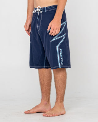 Man wearing Slasher Fixed Waist Boardshort in Navy Blue