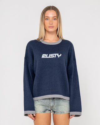 Woman wearing Rider Relaxed Crew Neck Knit in Navy