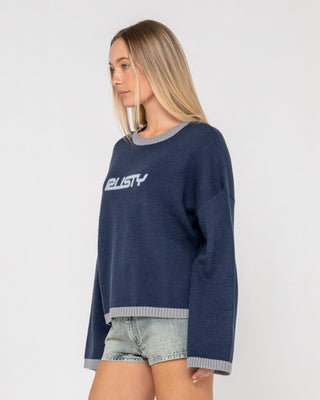 Woman wearing Rider Relaxed Crew Neck Knit in Navy