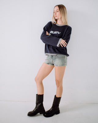 Woman wearing Rider Relaxed Crew Neck Knit in Navy