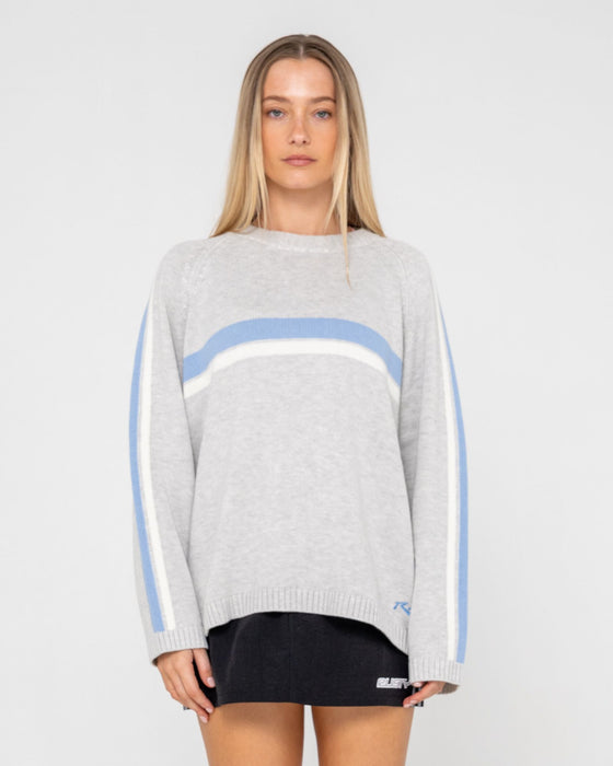 woman-wearing-white-lines-long-sleeve-crew-neck-knit-in-grey-marle-blue