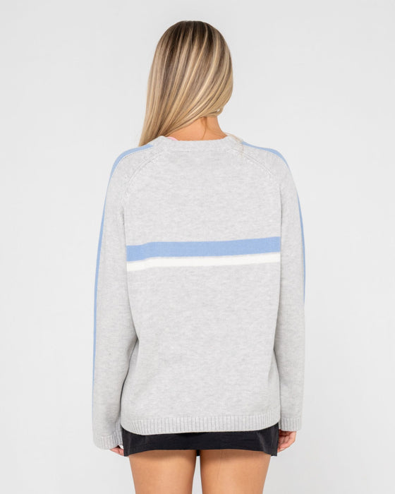 woman-wearing-white-lines-long-sleeve-crew-neck-knit-in-grey-marle-blue
