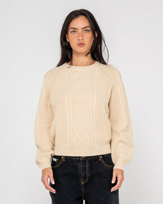 Woman wearing Two Tales Knitted Crew in Oatmeal