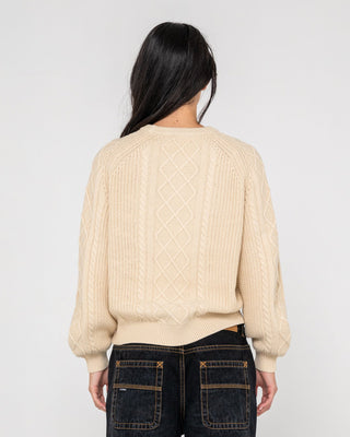Woman wearing Two Tales Knitted Crew in Oatmeal