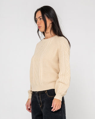 Woman wearing Two Tales Knitted Crew in Oatmeal