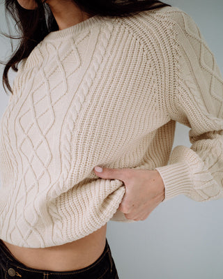 Woman wearing Two Tales Knitted Crew in Oatmeal