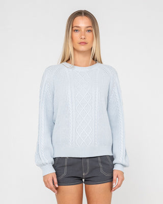 Woman wearing Two Tales Knitted Crew in Retro Blue