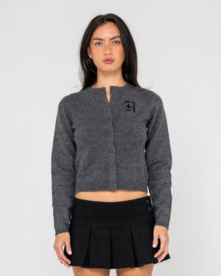 Woman wearing Rusty Academy Cardigan in Charcoal Marle
