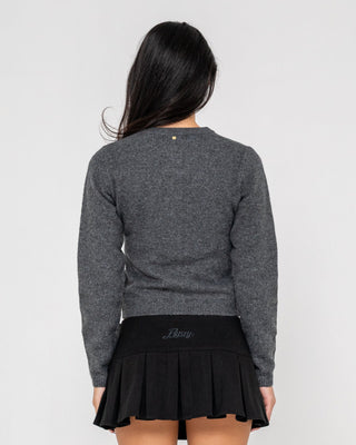 Woman wearing Rusty Academy Cardigan in Charcoal Marle