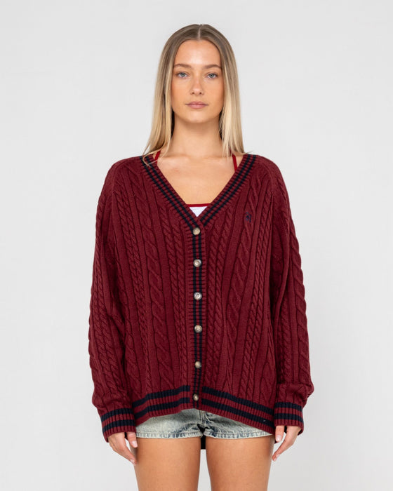 woman-wearing-croyden-oversized-cardigan-in-burgundy-black