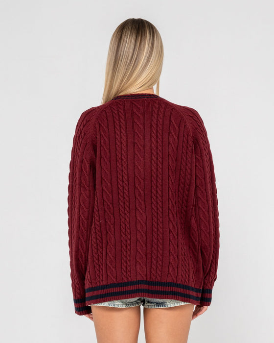 woman-wearing-croyden-oversized-cardigan-in-burgundy-black