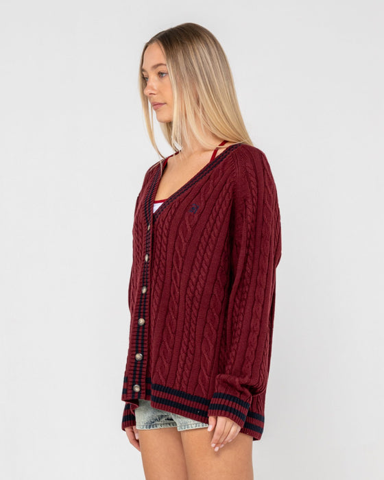 woman-wearing-croyden-oversized-cardigan-in-burgundy-black