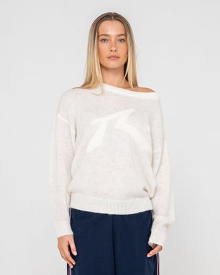 Woman wearing Miles Open Knit Crew in White