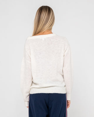 Woman wearing Miles Open Knit Crew in White