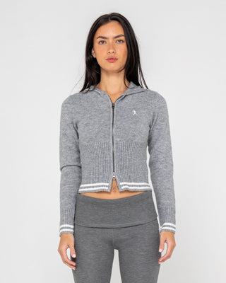 Woman wearing Devil Girl Knitted Zip Through Hood in Grey Marle
