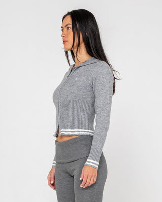 Woman wearing Devil Girl Knitted Zip Through Hood in Grey Marle