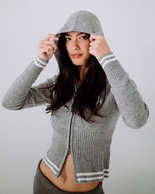 Woman wearing Devil Girl Knitted Zip Through Hood in Grey Marle