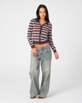 Woman wearing Extra Credit Button Up Cardigan in Burgandy Stripe