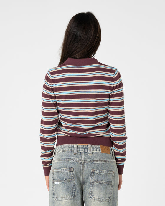 woman-wearing-extra-credit-button-up-cardigan-in-burgandy-stripe