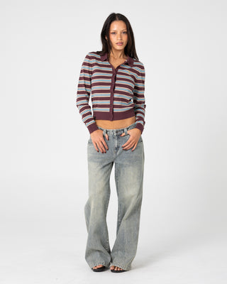 Woman wearing Extra Credit Button Up Cardigan in Burgandy Stripe