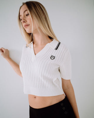 Woman wearing Posh Girl Knitted S/S Top in Cream / Black