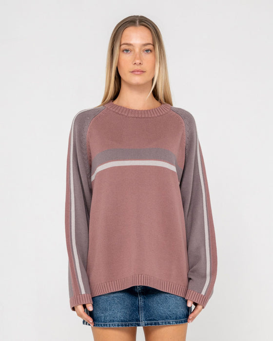 woman-wearing-white-lines-two-l-s-crew-neck-knit-in-elderberry