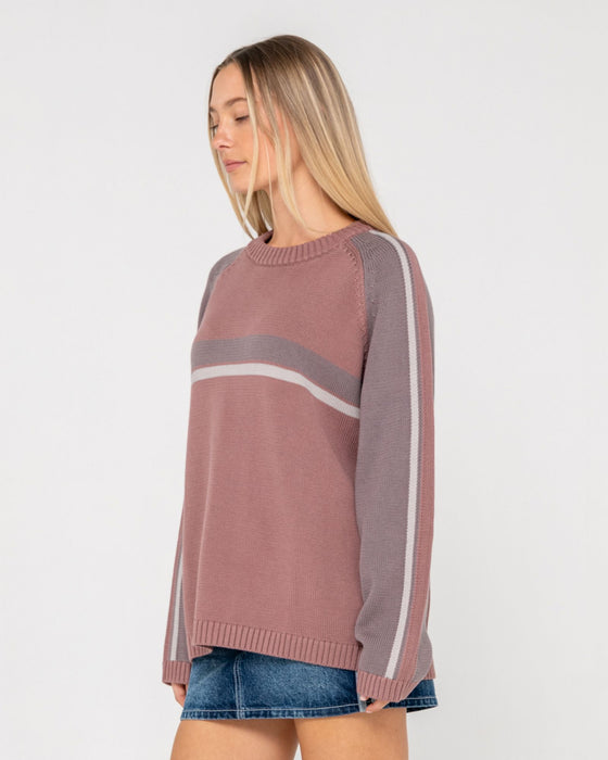 woman-wearing-white-lines-two-l-s-crew-neck-knit-in-elderberry