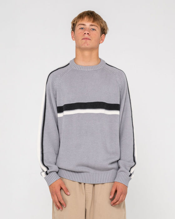 man-wearing-white-lines-2-0-knitted-crew-in-stone-grey