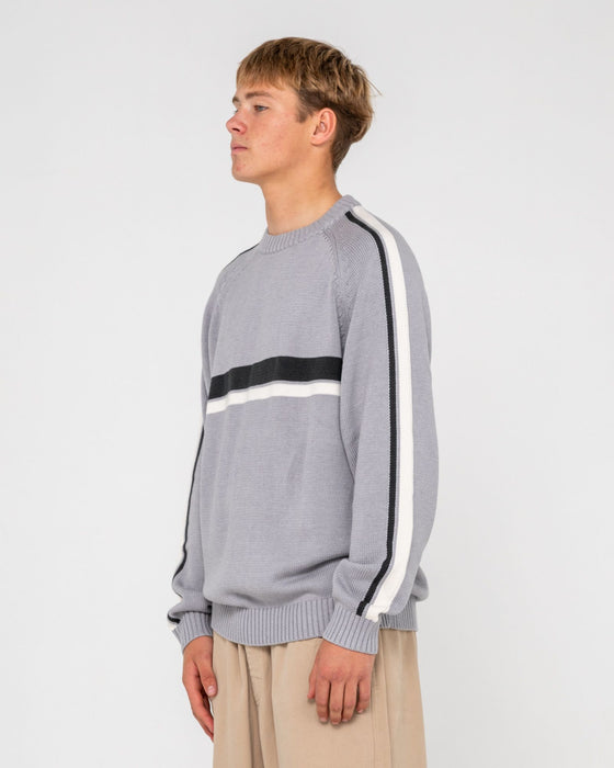 man-wearing-white-lines-2-0-knitted-crew-in-stone-grey