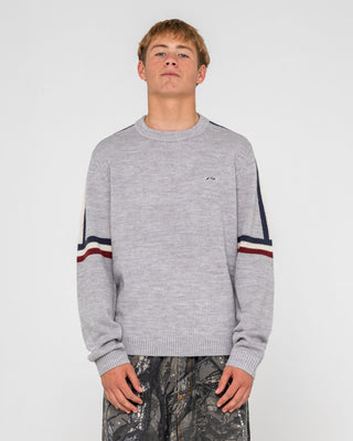 Man wearing Moritz 2.0 Graffiti R Crew Knit Sweater in Grey Marle