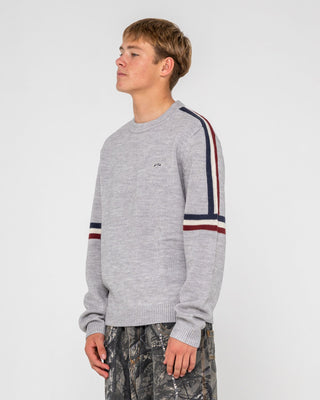 Man wearing Moritz 2.0 Graffiti R Crew Knit Sweater in Grey Marle