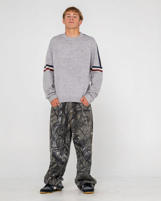 Man wearing Moritz 2.0 Graffiti R Crew Knit Sweater in Grey Marle