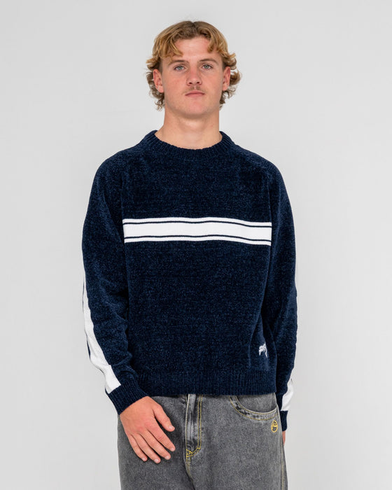 man-wearing-white-lines-chenille-in-dark-blue