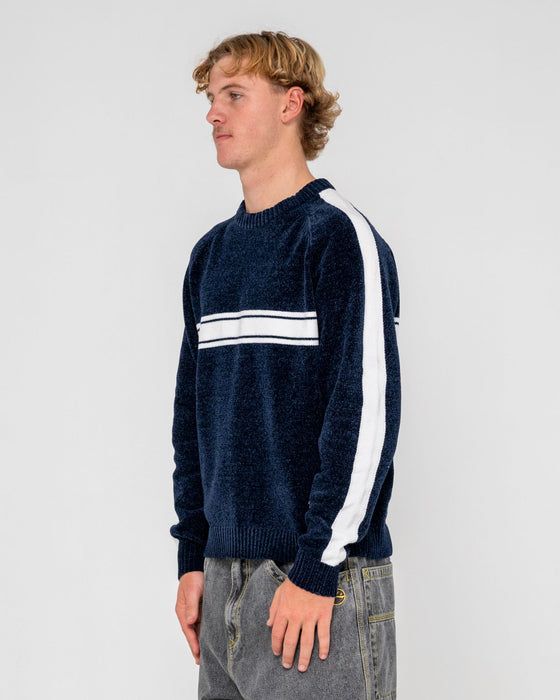 man-wearing-white-lines-chenille-in-dark-blue
