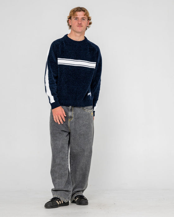 man-wearing-white-lines-chenille-in-dark-blue