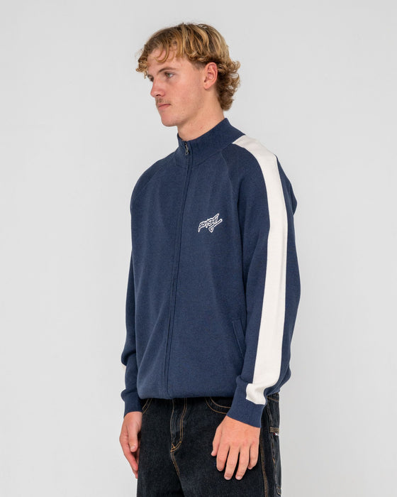 man-wearing-2k-zip-thru-sweater-in-dark-blue
