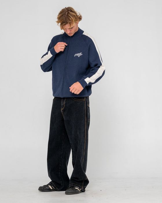 man-wearing-2k-zip-thru-sweater-in-dark-blue