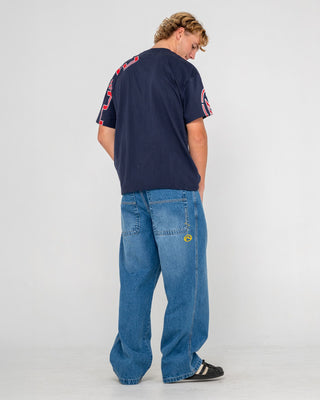 Man wearing Big Foot Baggy Jean in Blasted Middy Blue