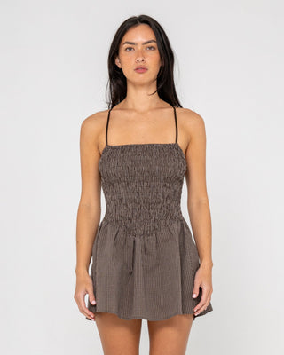 Woman wearing Mimi Smocked Mini Dress in Java Plaid