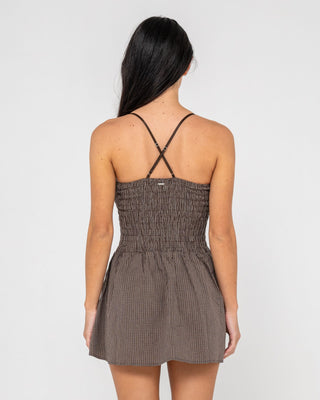 Woman wearing Mimi Smocked Mini Dress in Java Plaid